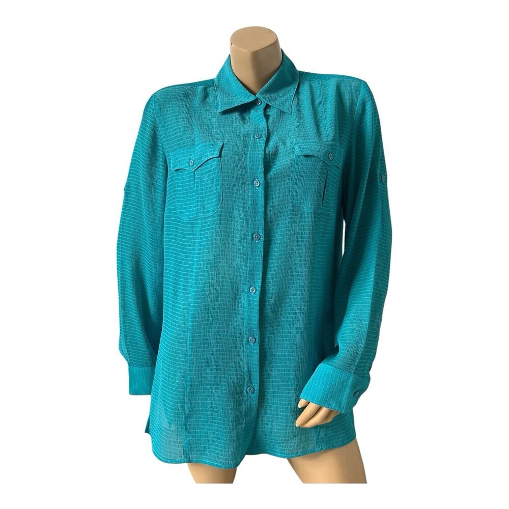 Evan Picone Tunic Shirt Womens L Teal Sheer Textured Button Down Roll Tab Sleeve